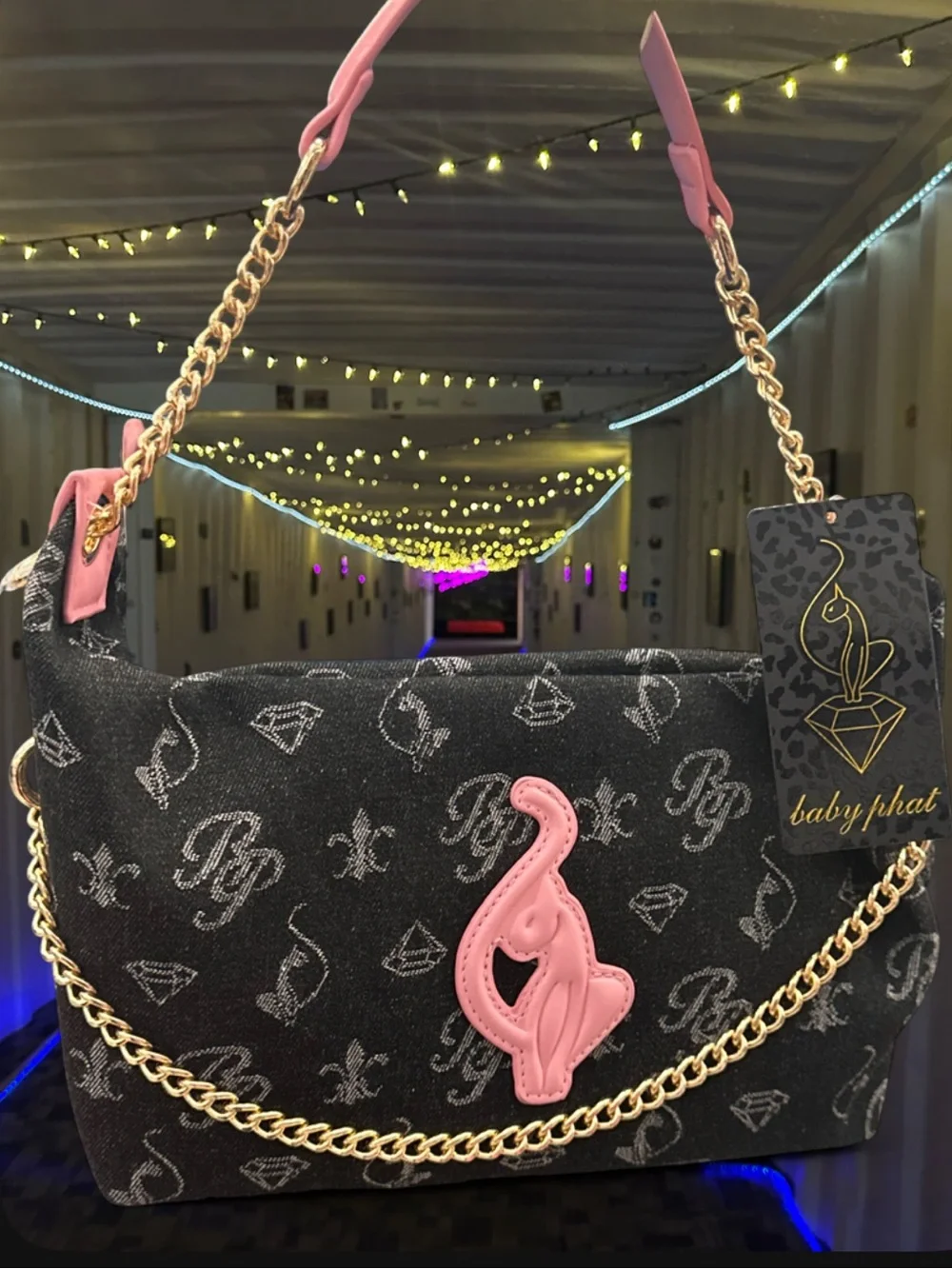 Baby phat Pink-Accent Denim Shoulder Bag with Gold Chain Handle